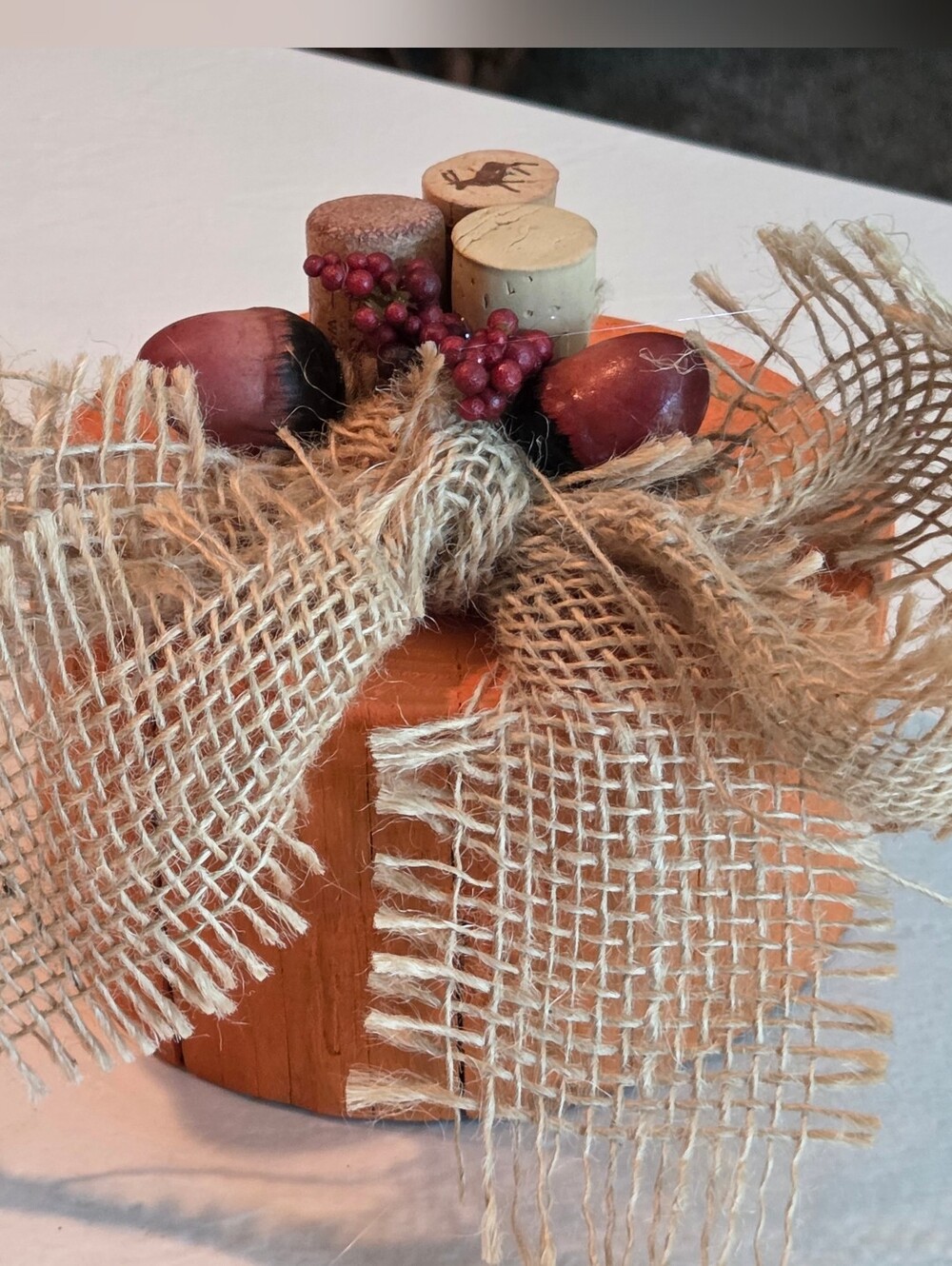 Rustic Orange Wood Block Pumpkin w/ Burlap Bow, Cork Stem & Acorn/Berry Accents